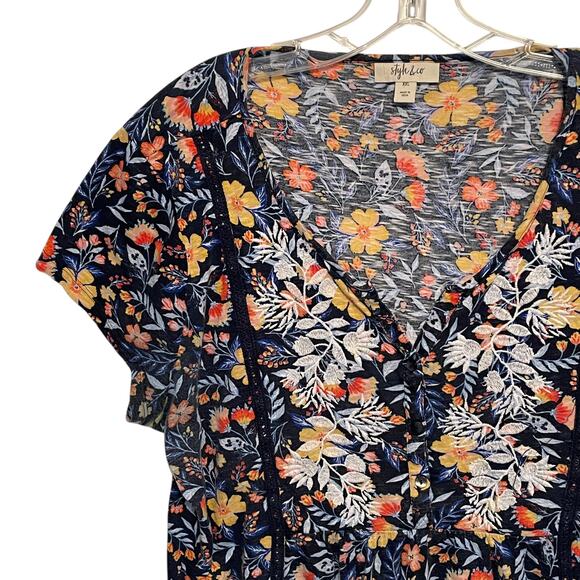 Style & Co Embroidered Floral Top Womens XXL Blue Yellow Peasant Boho Knit Tee - Picture 2 of 7